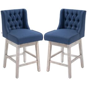 27" Swivel Bar Stools Set of 2, Counter Height with Linen Upholstery and Button Tufted Design, Blue