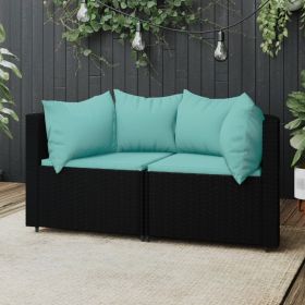 Patio Corner Sofa Black with water blue cushions