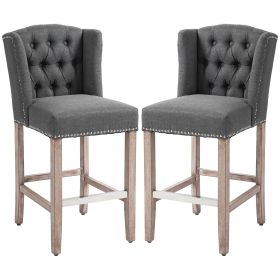 Counter Height Bar Stools Set of 2, Upholstered Bar Chairs with Nailhead Backrest and Footrest, Charcoal Grey
