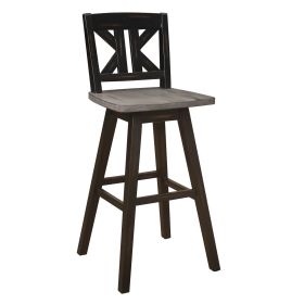 Pub Height Chairs Set of 2, Distressed Gray and Black 360-degree Swivel Chair Solid Rubberwood Furniture, Divided X-Back Bar Chairs (Color: as Pic)
