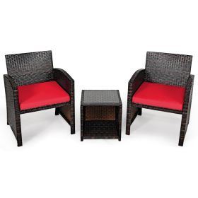 3 Pieces PE Rattan Wicker Furniture Set with Cushion Sofa Coffee Table for Garden (Color: Red)