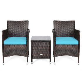 3 Pieces Ergonomic Wicker Patio Conversation Set (Color: Blue)