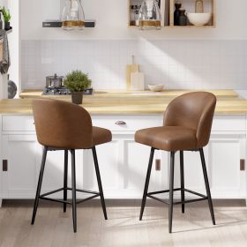 The bar stools feature an arched backrest and seat design, and are paired with black metal thin legs (Color: Brown)